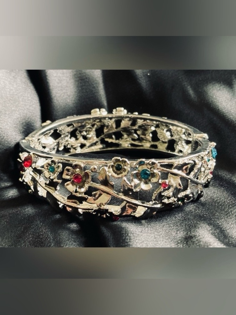 Silver Floral Bangle Bracelet w/ Multicolored Crystal Accents: Clasp Closure